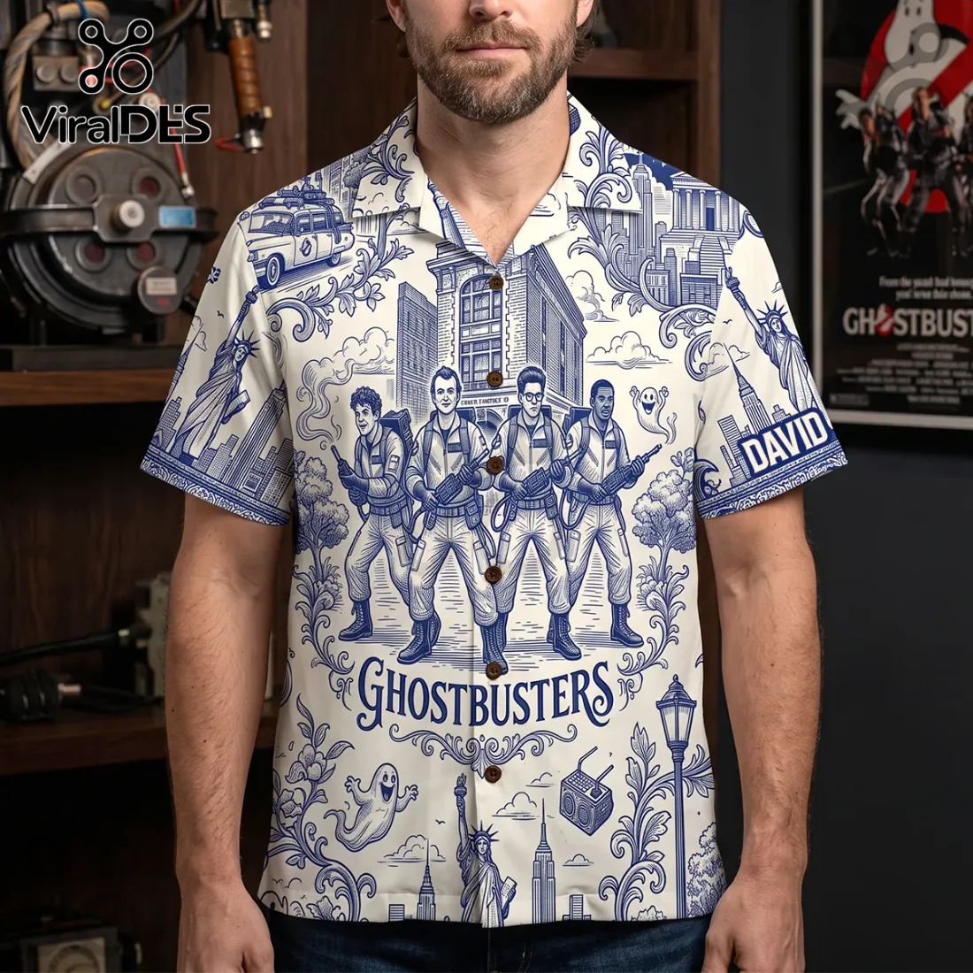 Ghostbusters Toile De Jouy Blue Button Down Shirt