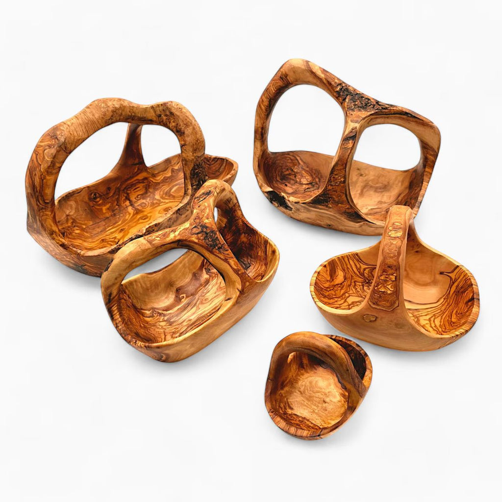 VerdantGrain Hand-Carved Olive Wood Fruit Basket with Handle