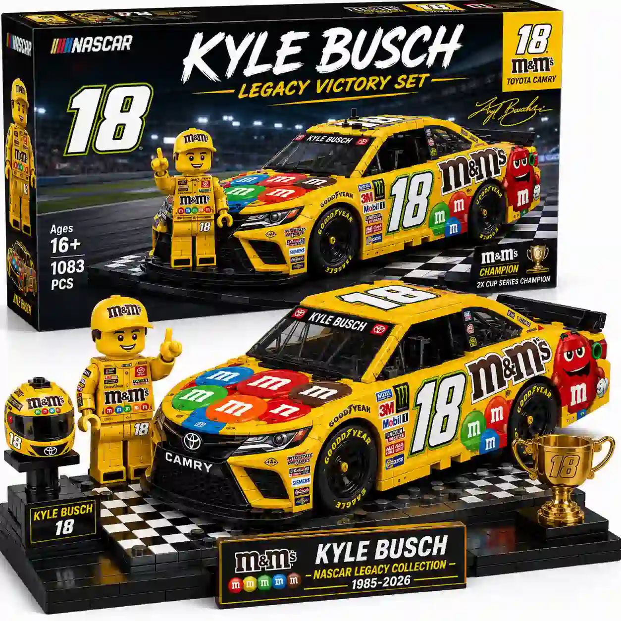 Kyle Busch M&M’s NASCAR Toyota Camry Legacy Victory Building Brick Set