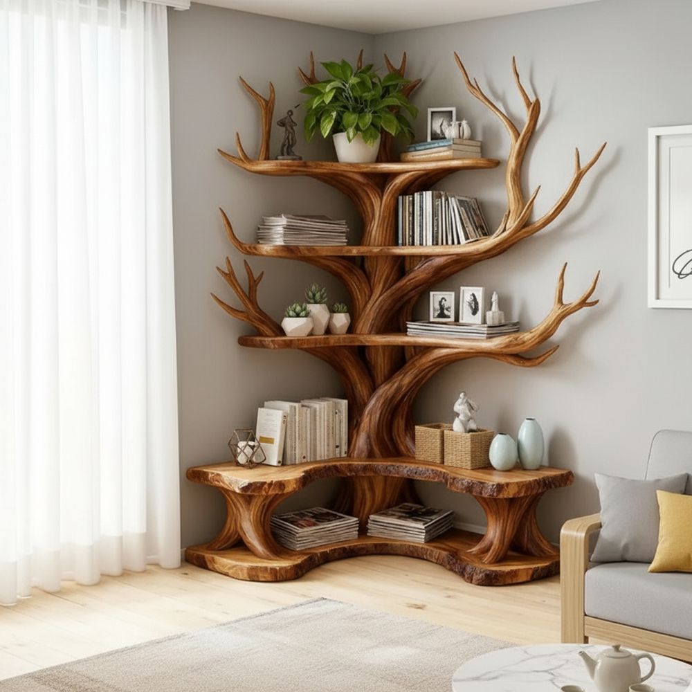 Tree Branch Bookshelf with L-Shaped Bench – Handcrafted Solid Wood Storage & Seating Combo