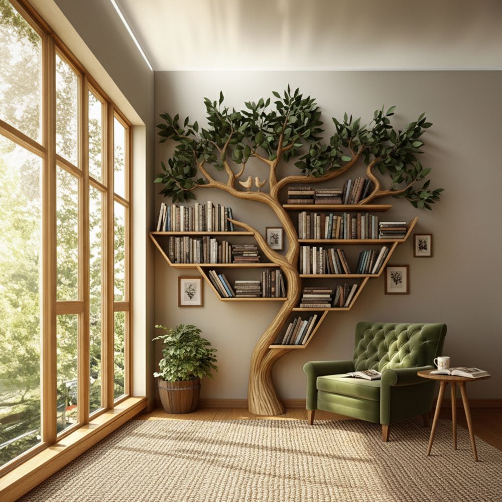 Rustic Tree Bookshelf – Handcrafted Solid Wood Wall-Mounted Display