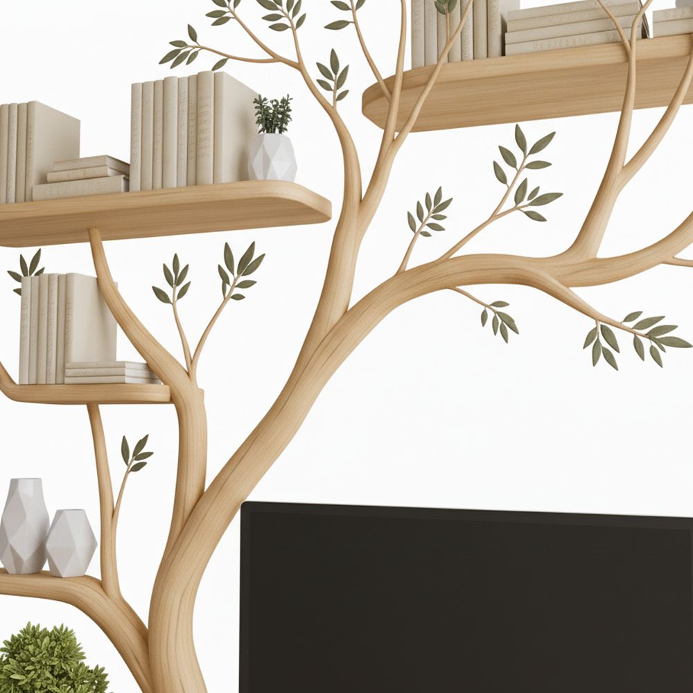 Handmade Tree-Shaped Desk – Solid Wood Workspace with Floating Shelves