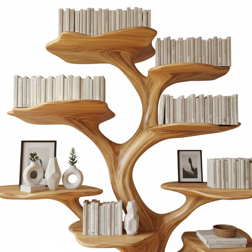 Handcrafted Tree Branch Bookshelf – Solid Wood Wall-Mounted Art Shelf Handmade Furniture