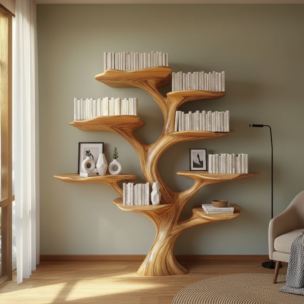 Handcrafted Tree Branch Bookshelf – Solid Wood Wall-Mounted Art Shelf Handmade Furniture