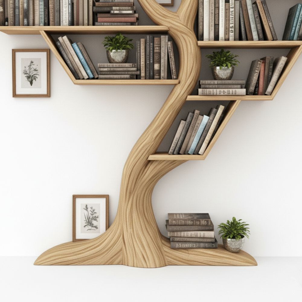 Rustic Tree Bookshelf – Handcrafted Solid Wood Wall-Mounted Display
