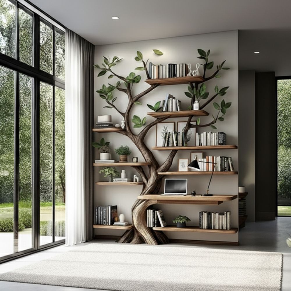 Tree Bookshelf – Handcrafted Wall-Mounted Bookcase In Natural Wood