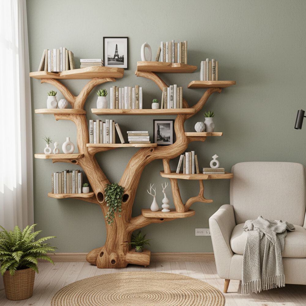 Wall-Mounted Tree Bookshelf – Handcrafted Vertical Wooden Bookcase Unique Modern Home Decor Gift
