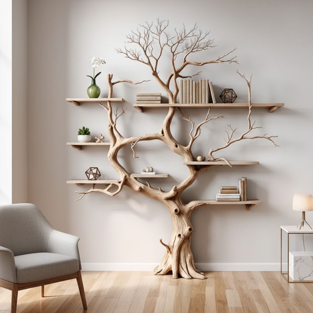 Minimalist Tree-Shaped Corner Bookshelf – Handcrafted Oak Wood Sculpture Shelf