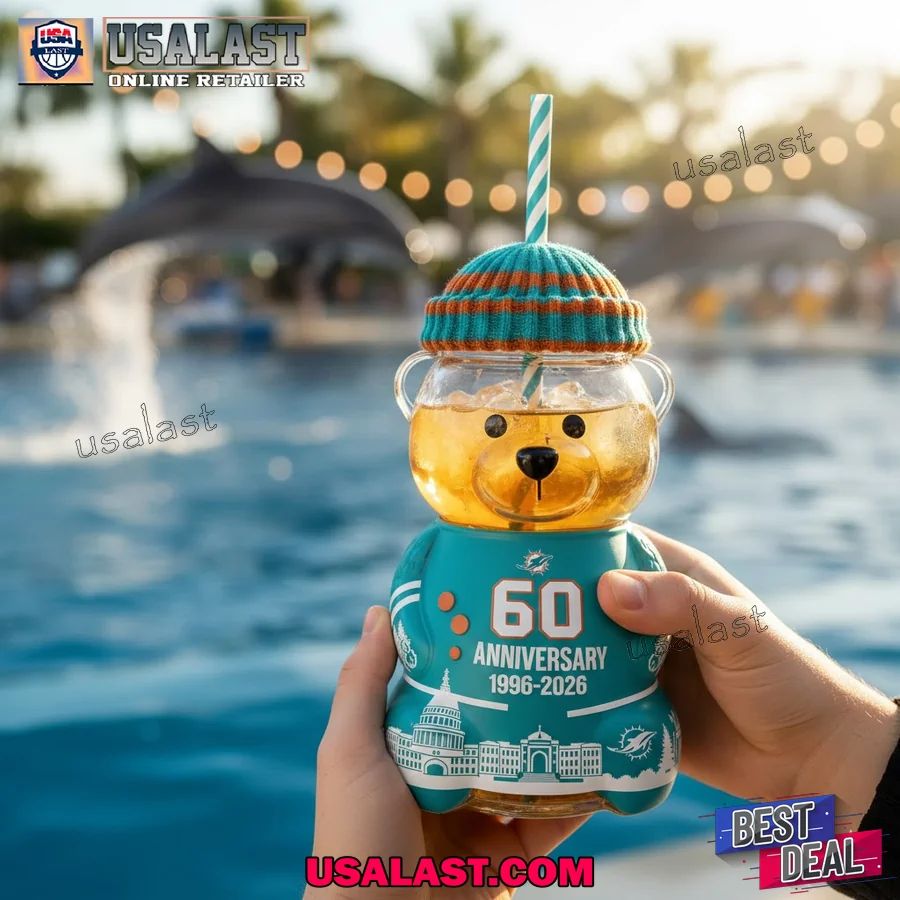 Miami Dolphins 60th Anniversary Bear Glass Cup