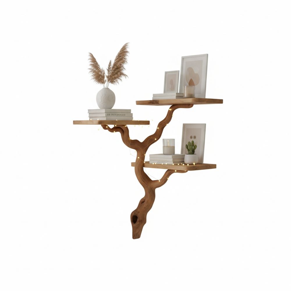 Corner Floating Shelf – Handmade Tree Branch Wall Bookshelf from Natural Wood