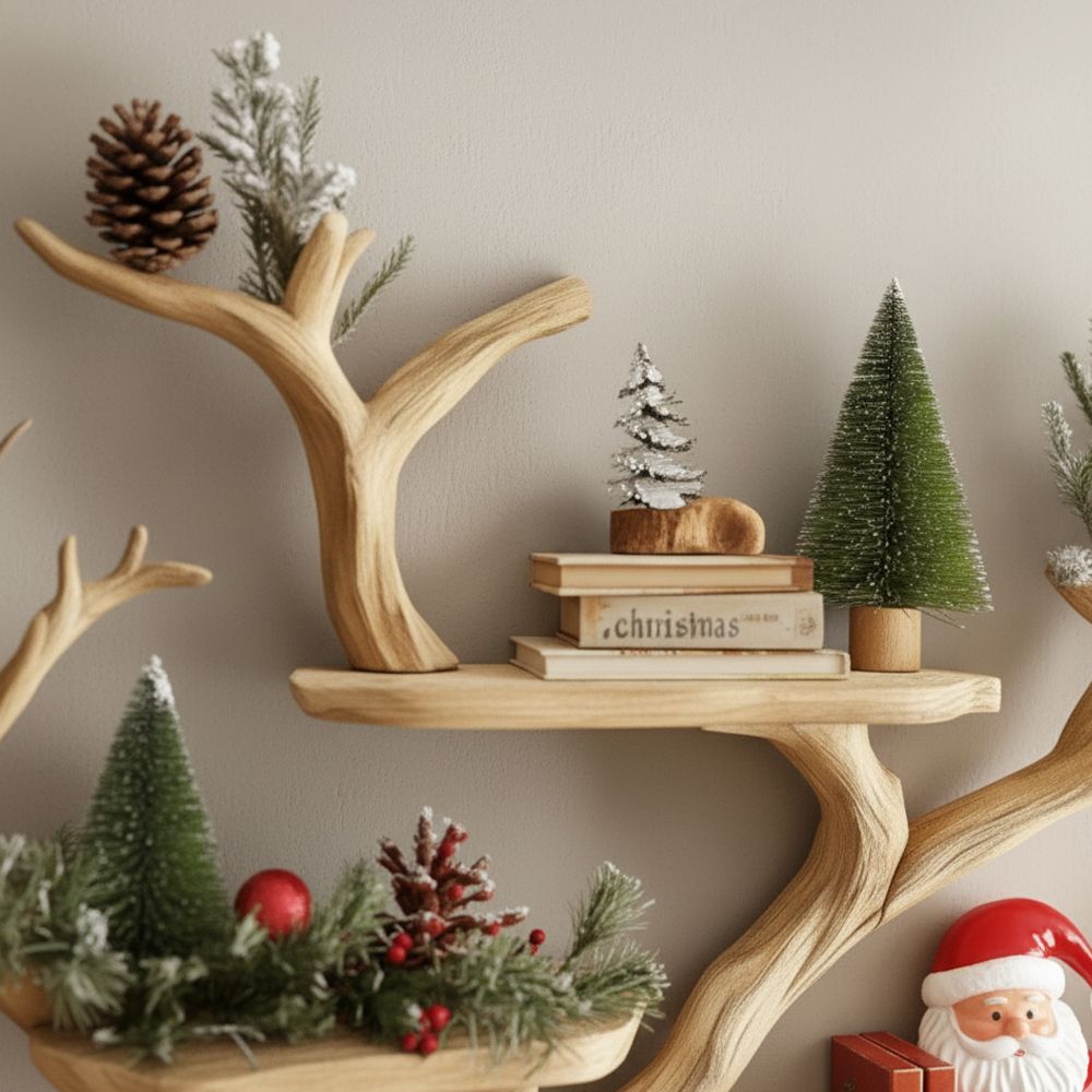 Floating Tree Bookshelf – Mid-Century Wall-Mounted Bookcase, Handmade Xmas Tree Shelf & Rustic Home Decor