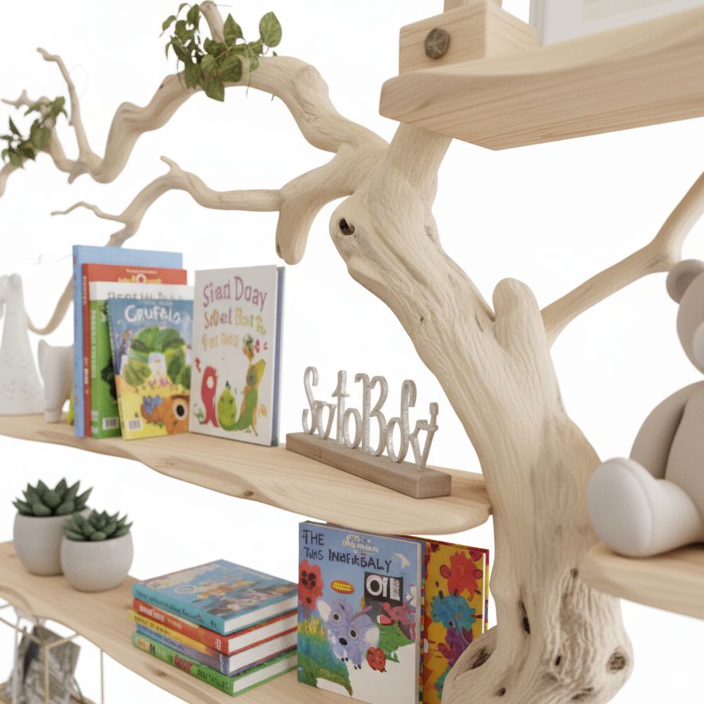 Tree Branch Bookshelf – Live Edge Floating Bookcase, Solid Wood Rustic Decor & Nature-Inspired Display