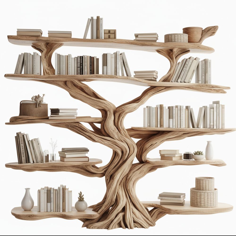 Live Edge Rustic Tree Bookshelf – Handcrafted Solid Wood Statement Piece