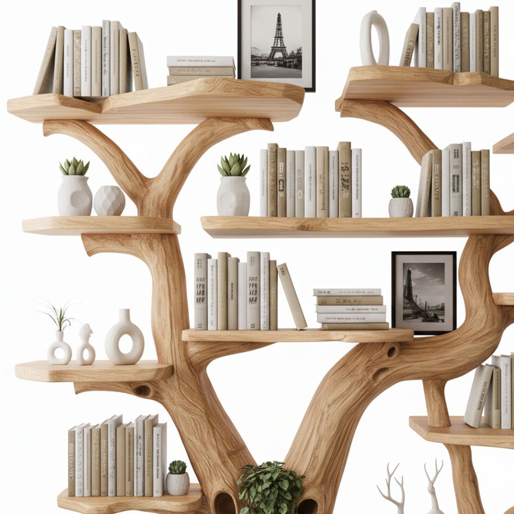 Wall-Mounted Tree Bookshelf – Handcrafted Vertical Wooden Bookcase Unique Modern Home Decor Gift