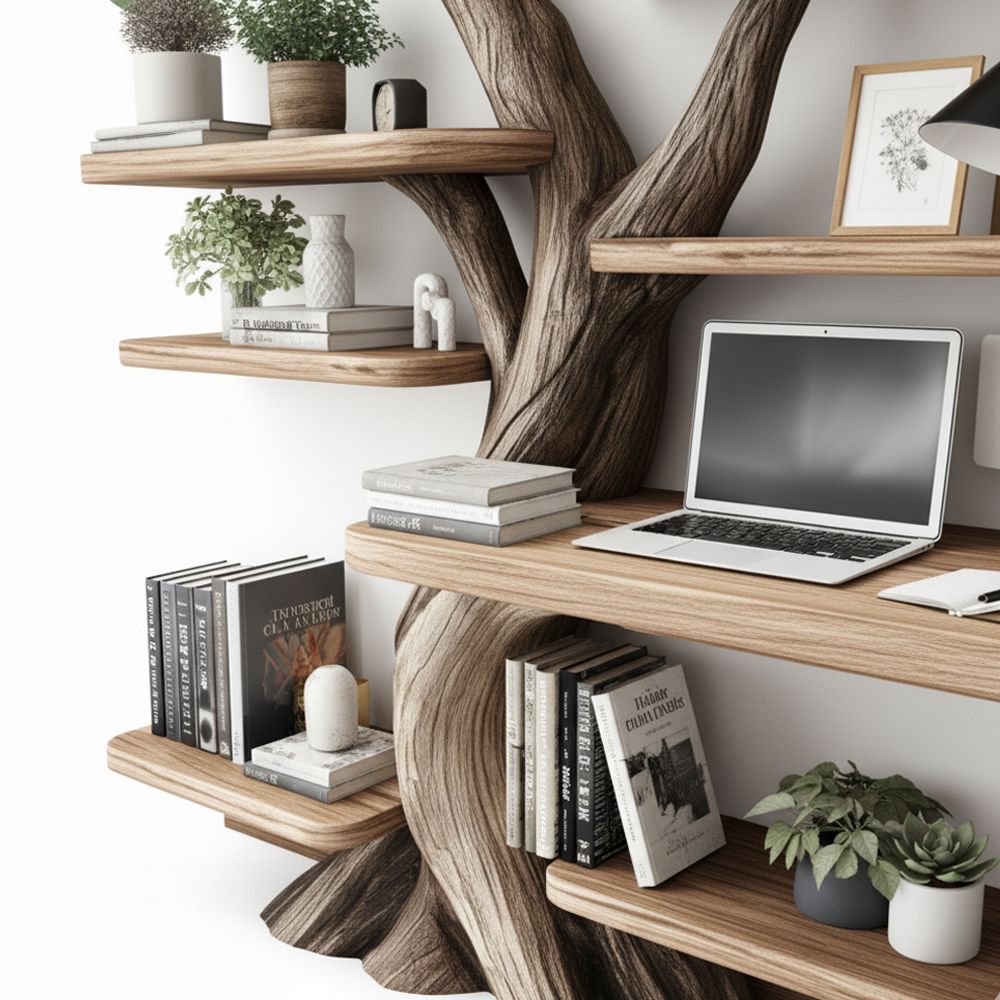 Tree Bookshelf – Handcrafted Wall-Mounted Bookcase In Natural Wood