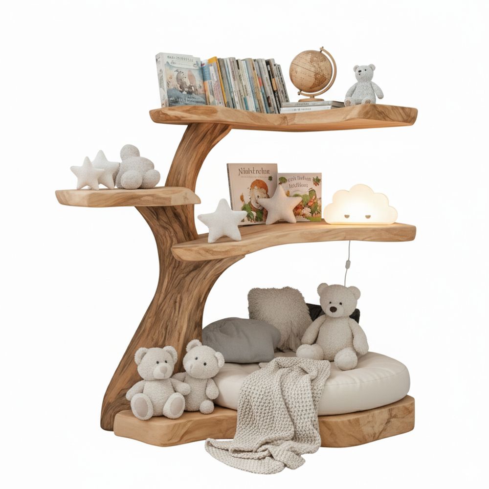 Tree Shaped Bookshelf Natural Wood – Handmade Wooden Wall Shelf with Artistic Branch Design