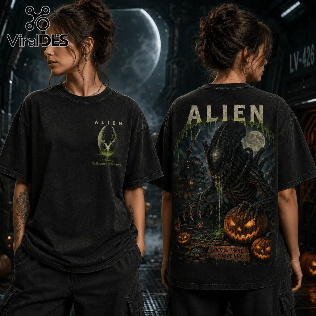 Alien Halloween Horror Pumpkin Acid Wash T-Shirt