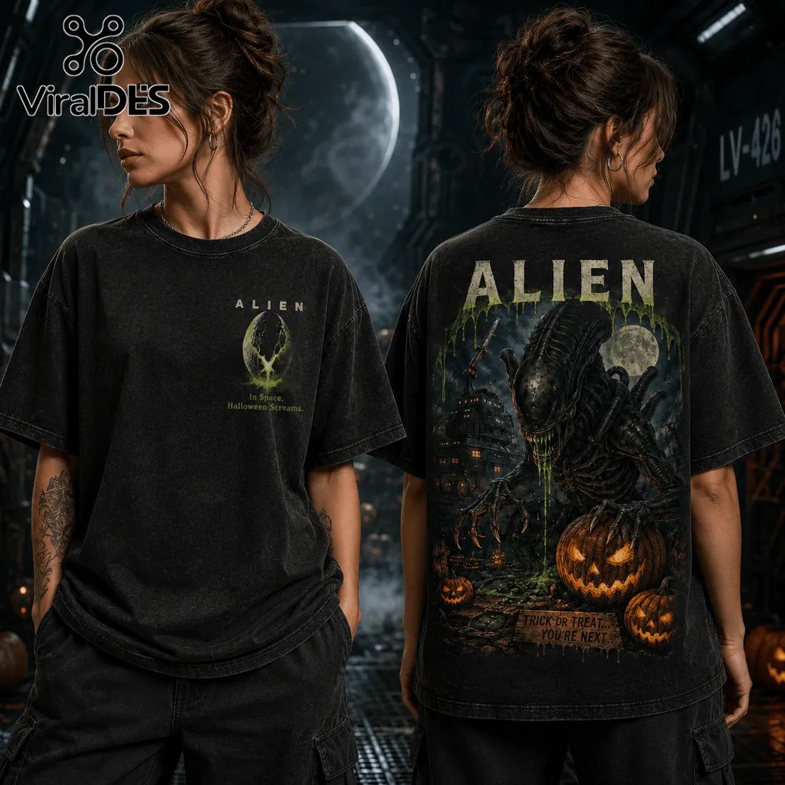 Alien Halloween Horror Pumpkin Acid Wash T-Shirt
