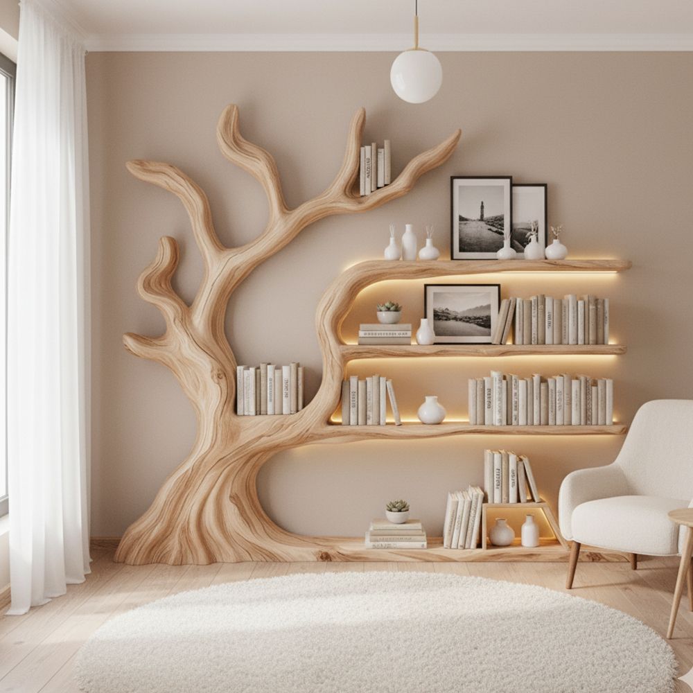 Rustic Tree Bookshelf – Handmade Wall-Mounted Shelf with Artistic Branch Design