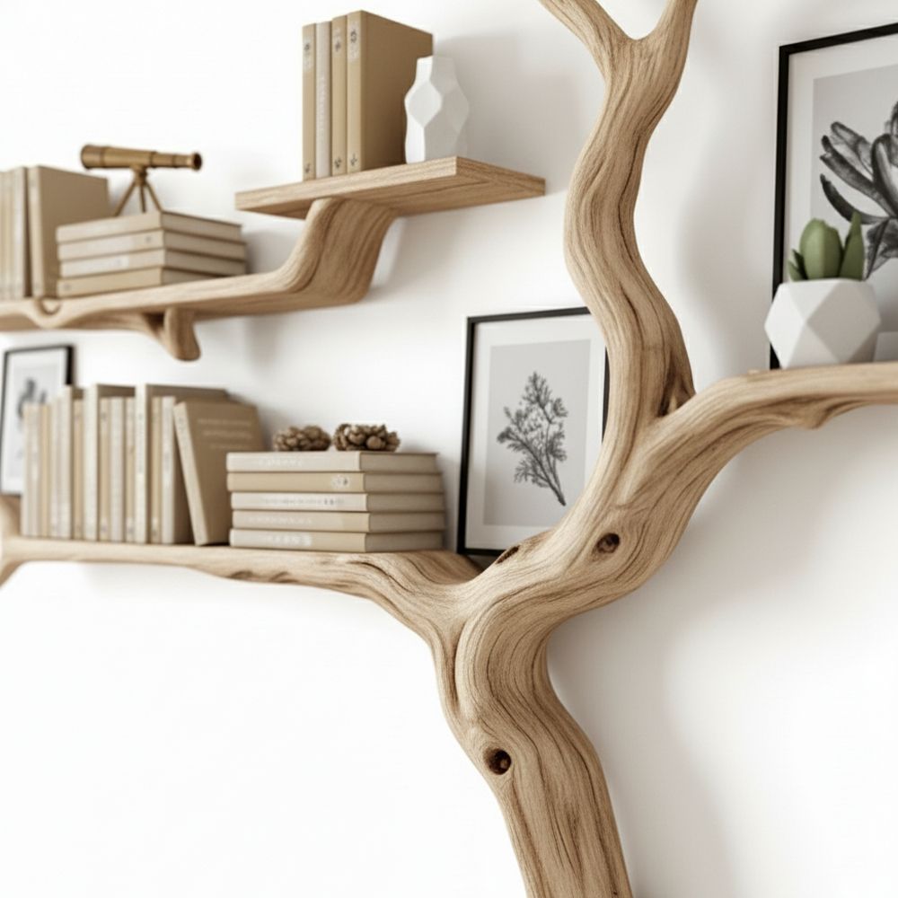 Handmade Tree-Shaped Bookshelf – Natural Wood Wall Shelf For Creative Home Decor