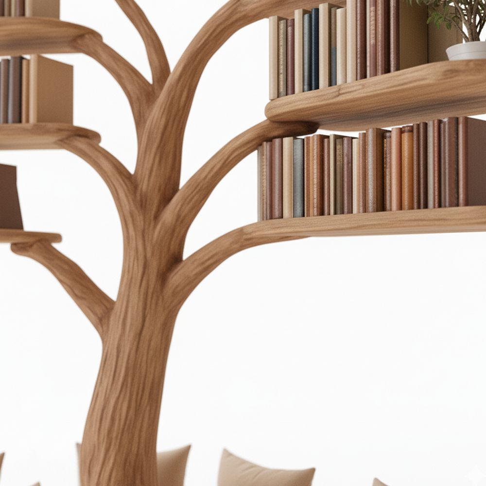 Rustic Tree Bookshelf with Corner Bench – Handmade Wooden Reading Nook for Kids & Nature Lovers