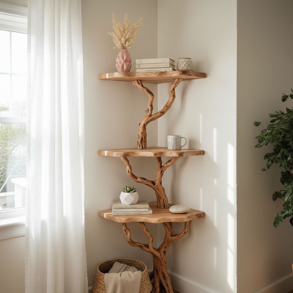 Corner Tree Floating Bookshelf – Handcrafted Driftwood & Solid Wood Shelf