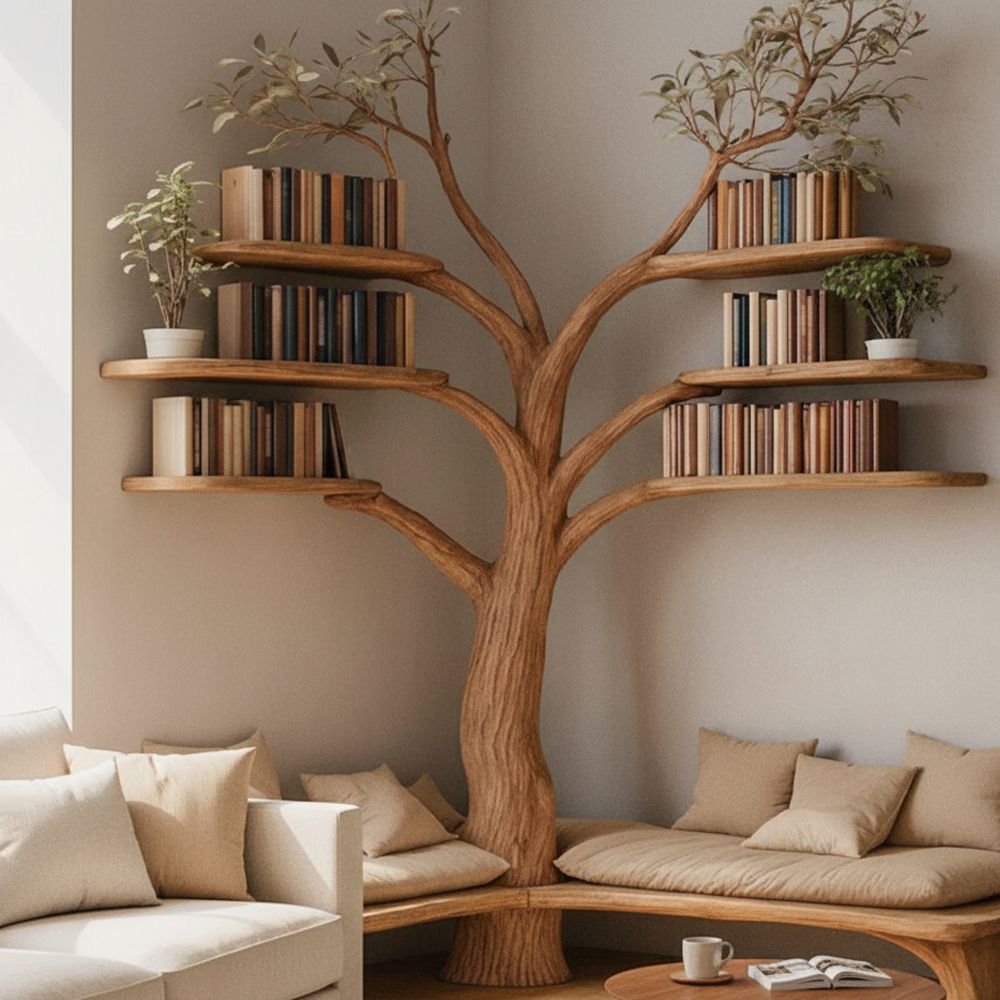 Rustic Tree Bookshelf with Corner Bench – Handmade Wooden Reading Nook for Kids & Nature Lovers