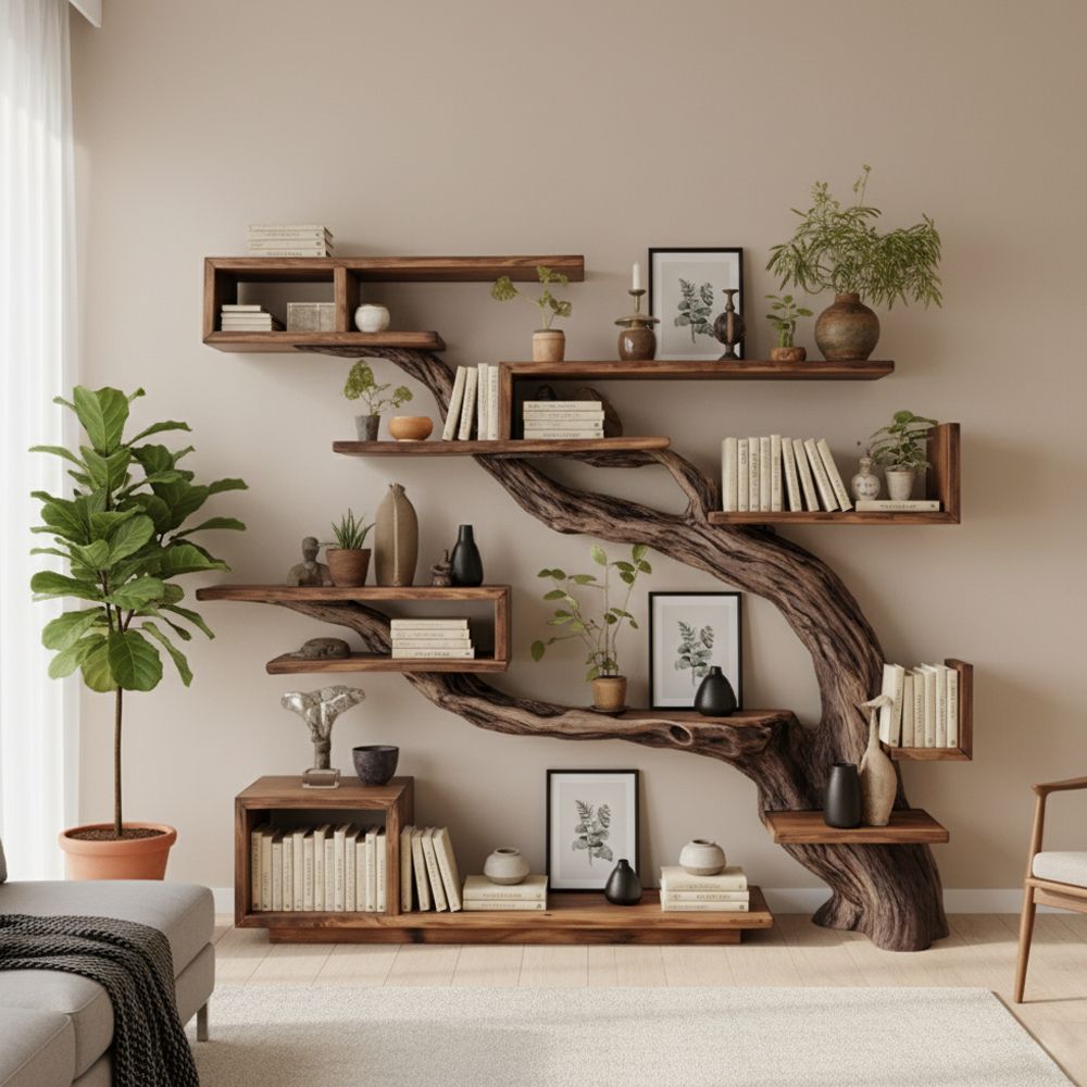 Rustic Christmas Tree Bookshelf – Handcrafted Solid Wood Wall Display
