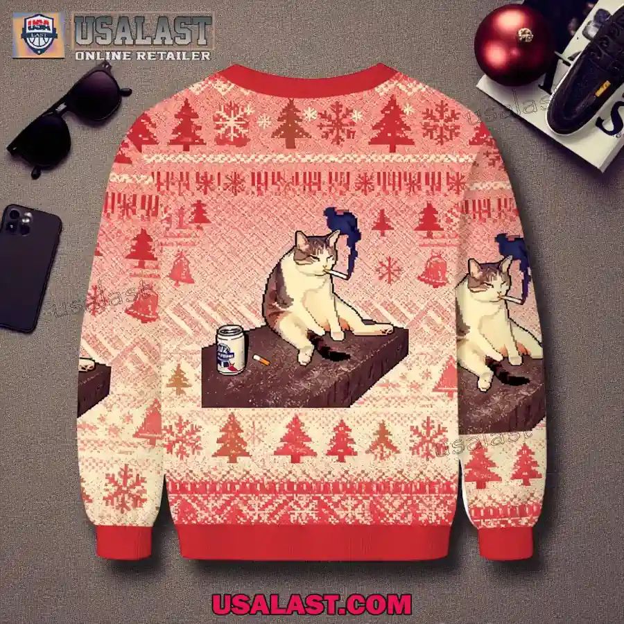 Cigarette Kitten Funny Smoking Cat Meme Christmas Ugly Sweater