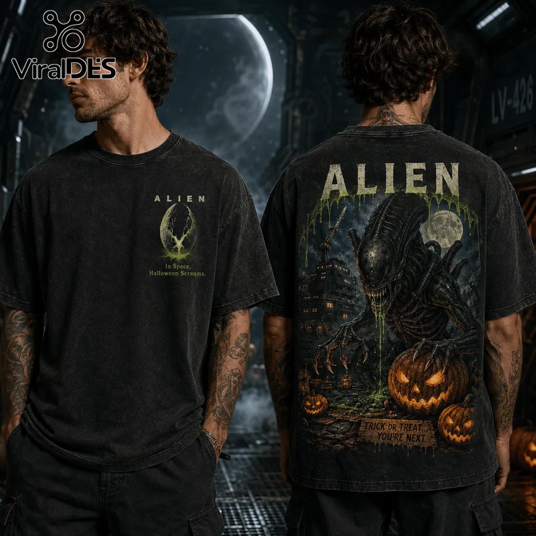 Alien Halloween Horror Pumpkin Acid Wash T-Shirt
