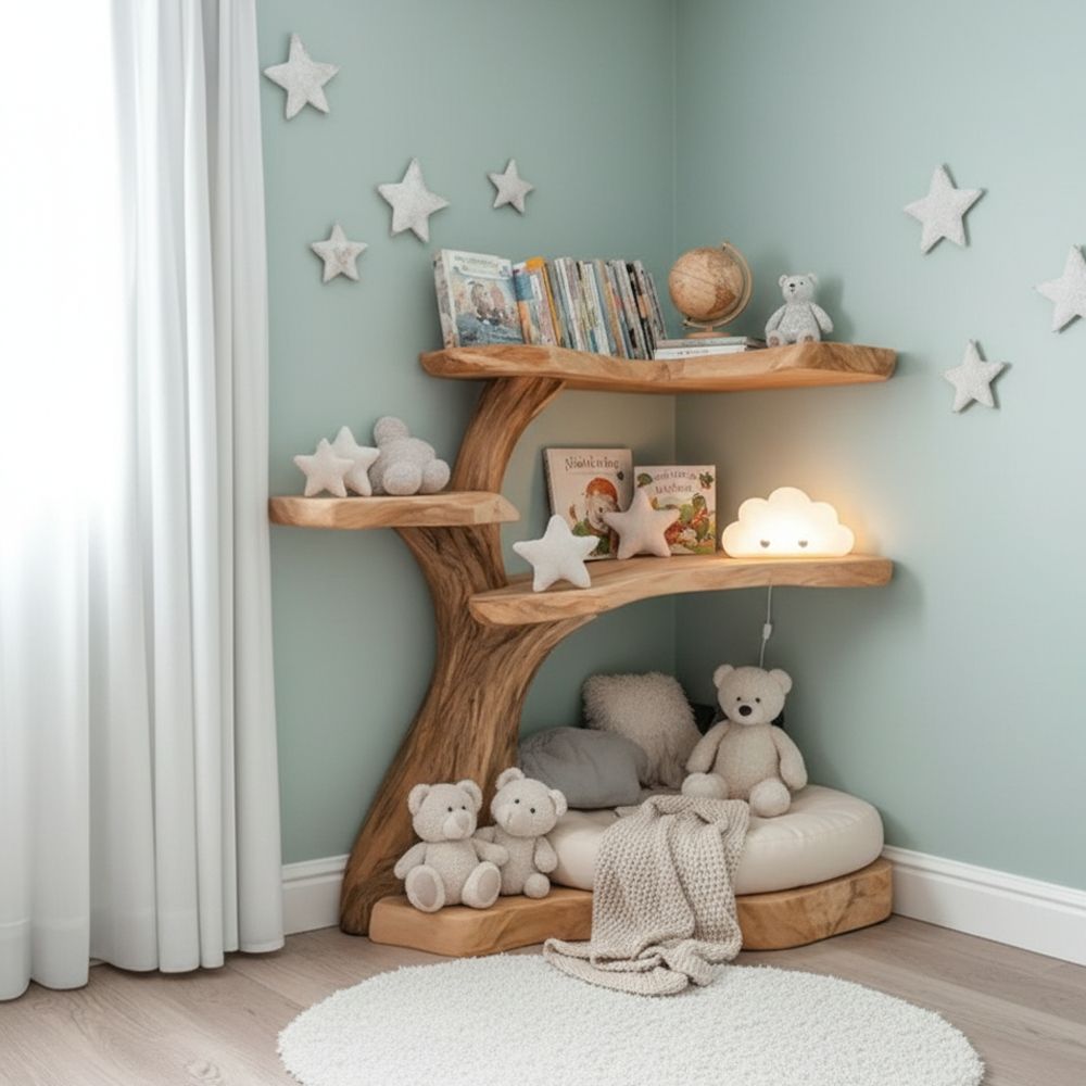 Tree Shaped Bookshelf Natural Wood – Handmade Wooden Wall Shelf with Artistic Branch Design