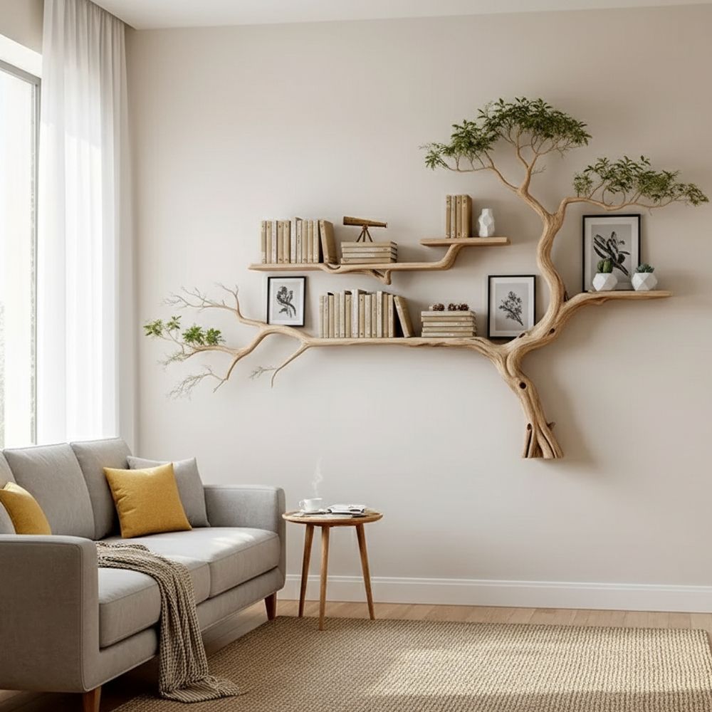 Handmade Tree-Shaped Bookshelf – Natural Wood Wall Shelf For Creative Home Decor