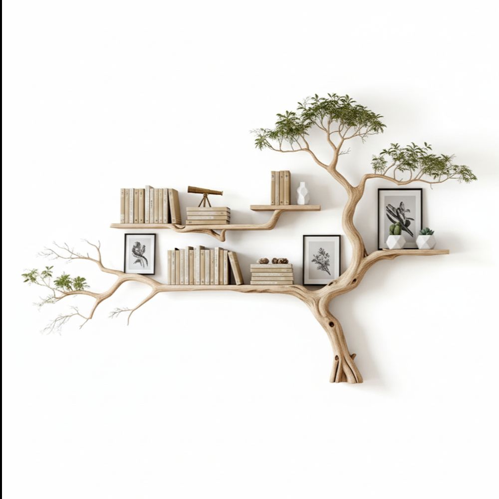 Handmade Tree-Shaped Bookshelf – Natural Wood Wall Shelf For Creative Home Decor