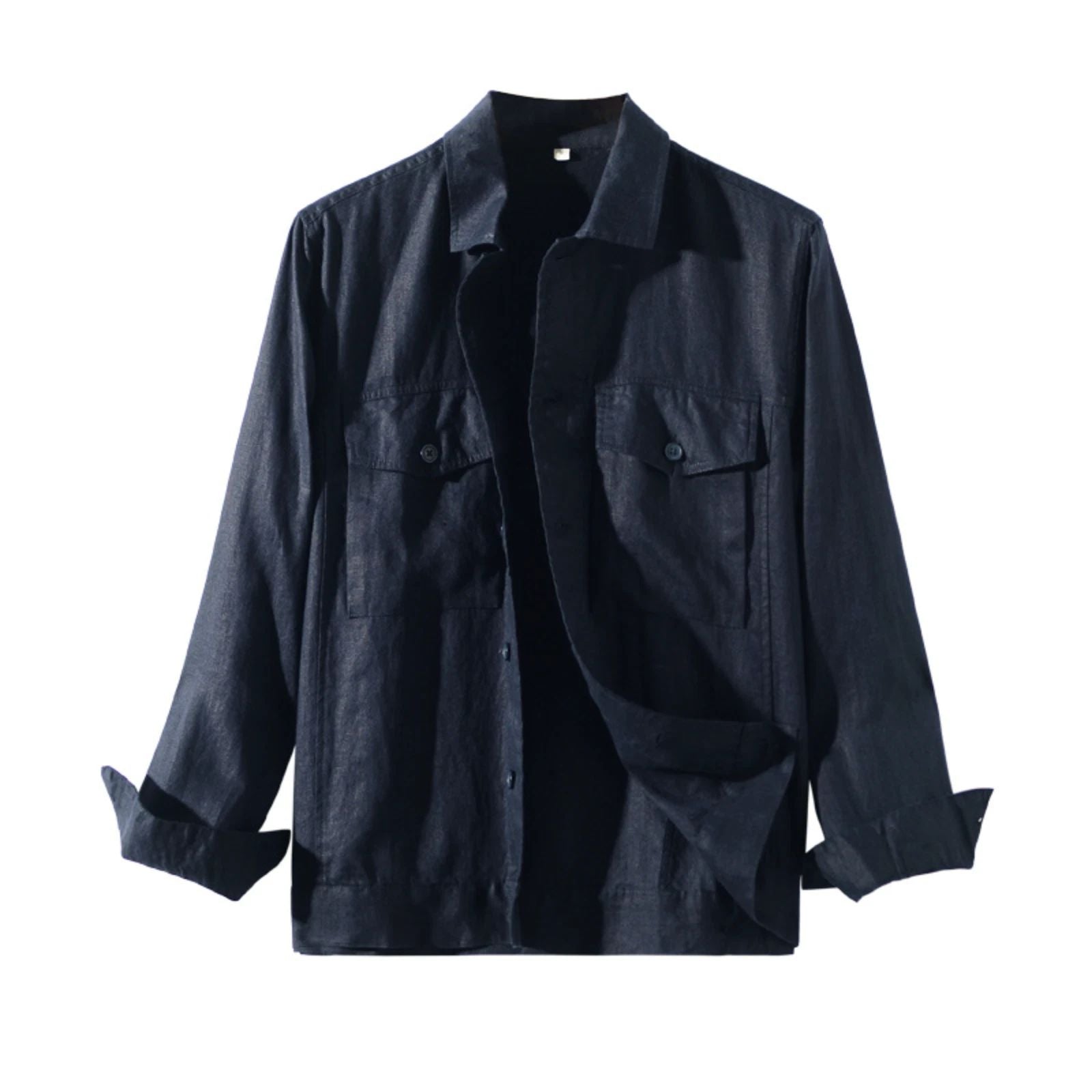 Men Linen Overshirt Jacket Button Up Long Sleeve Casual