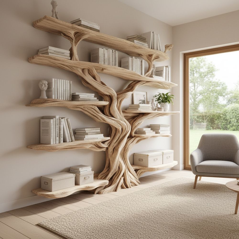 Live Edge Rustic Tree Bookshelf – Handcrafted Solid Wood Statement Piece