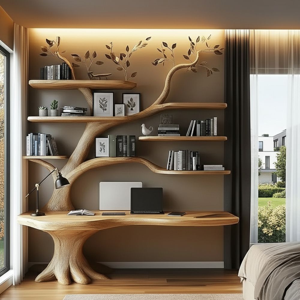 Handcrafted Tree Bookshelf & Console Table Set
