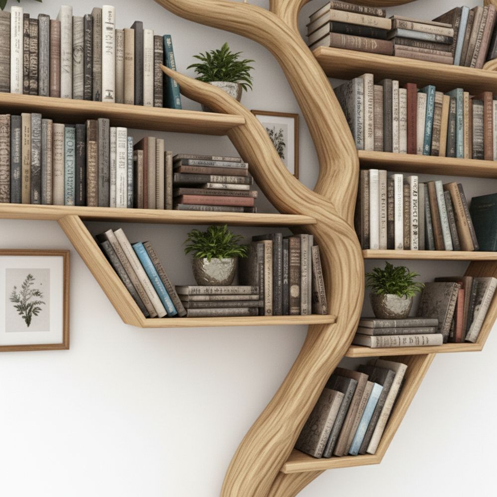 Rustic Tree Bookshelf – Handcrafted Solid Wood Wall-Mounted Display