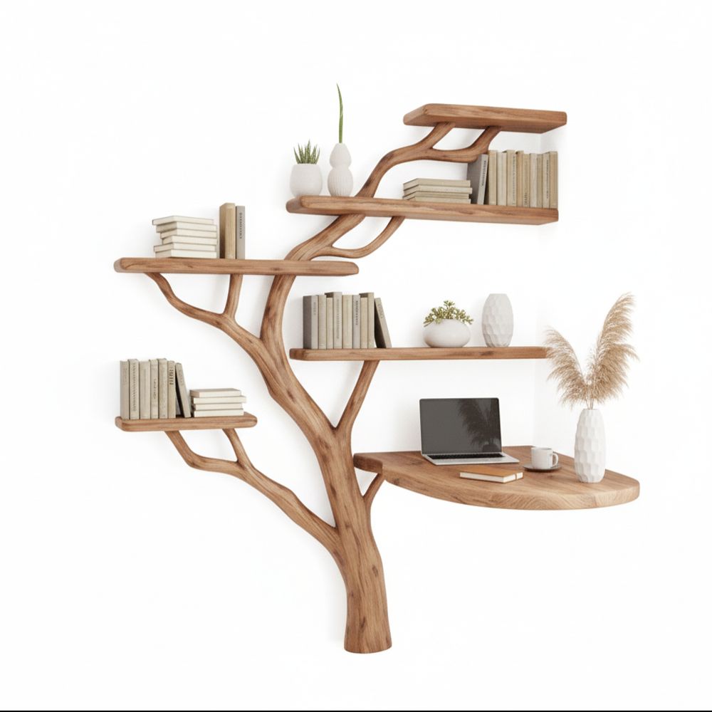 Handcrafted Console Table & Tree-Shaped Bookshelf Set – Solid Wood Artistic Furniture