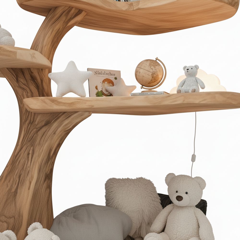 Tree Shaped Bookshelf Natural Wood – Handmade Wooden Wall Shelf with Artistic Branch Design