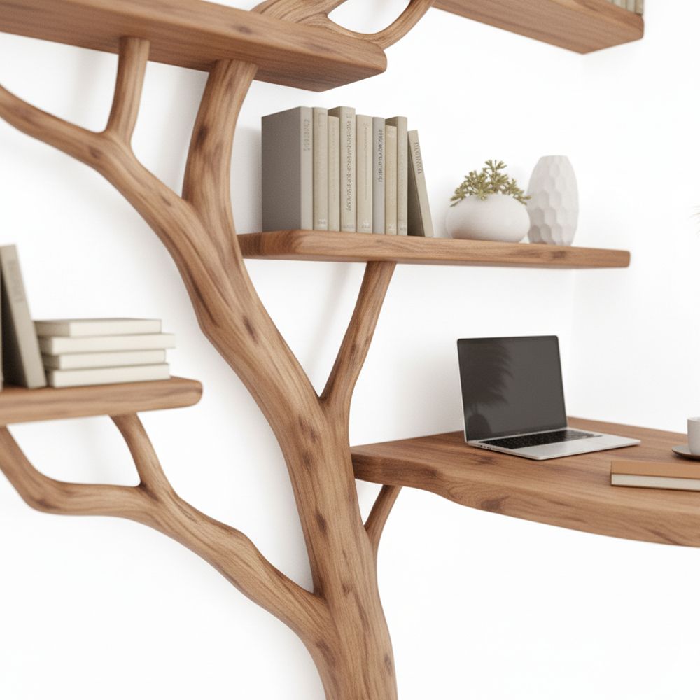 Handcrafted Console Table & Tree-Shaped Bookshelf Set – Solid Wood Artistic Furniture