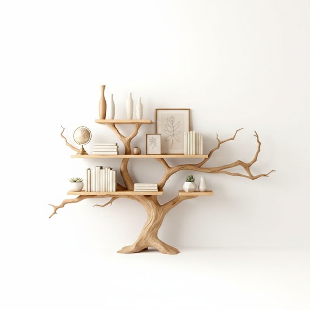 Handcrafted Driftwood Bookshelf – Handmade Solid Wood Tree Bookshelf
