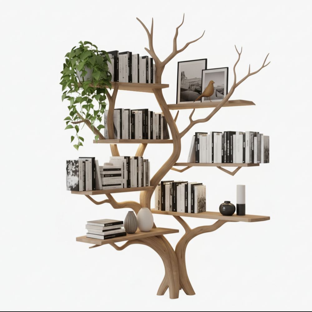 Floating Tree Bookshelf – Wall-Mounted Solid Walnut Wood Bookcase