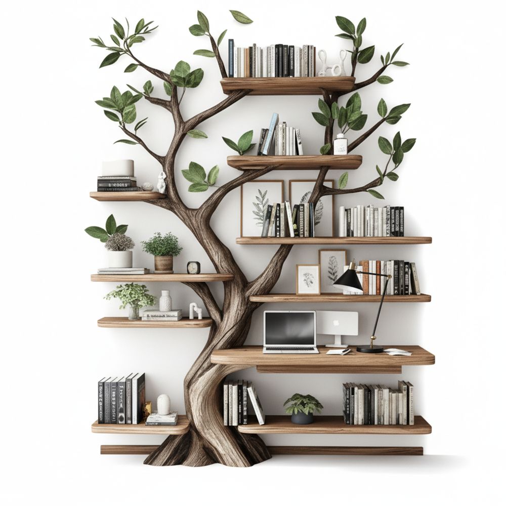 Tree Bookshelf – Handcrafted Wall-Mounted Bookcase In Natural Wood
