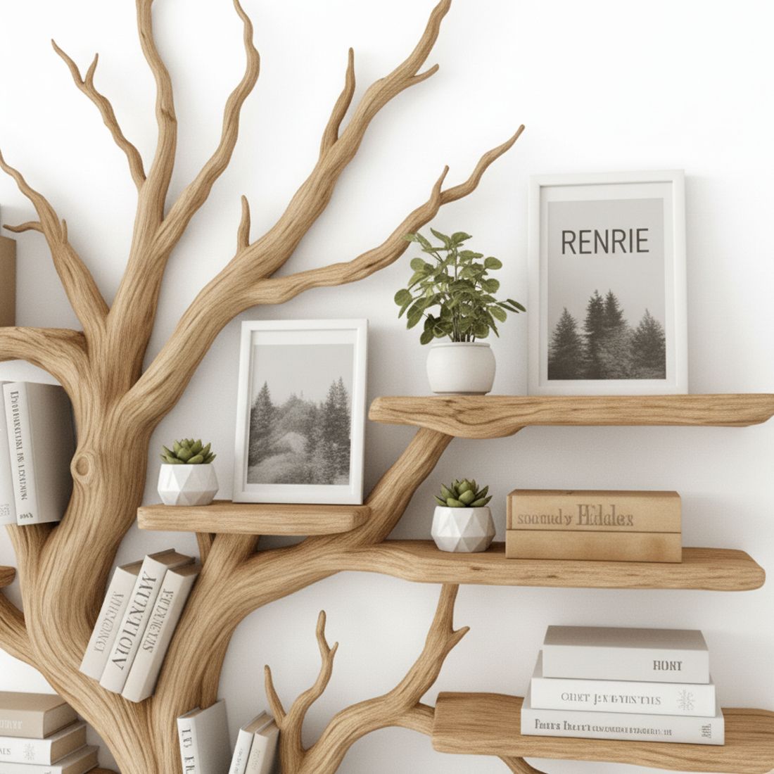 Rustic Wooden Oak Book Shelf tree craft for indoor living room Corner Indoor