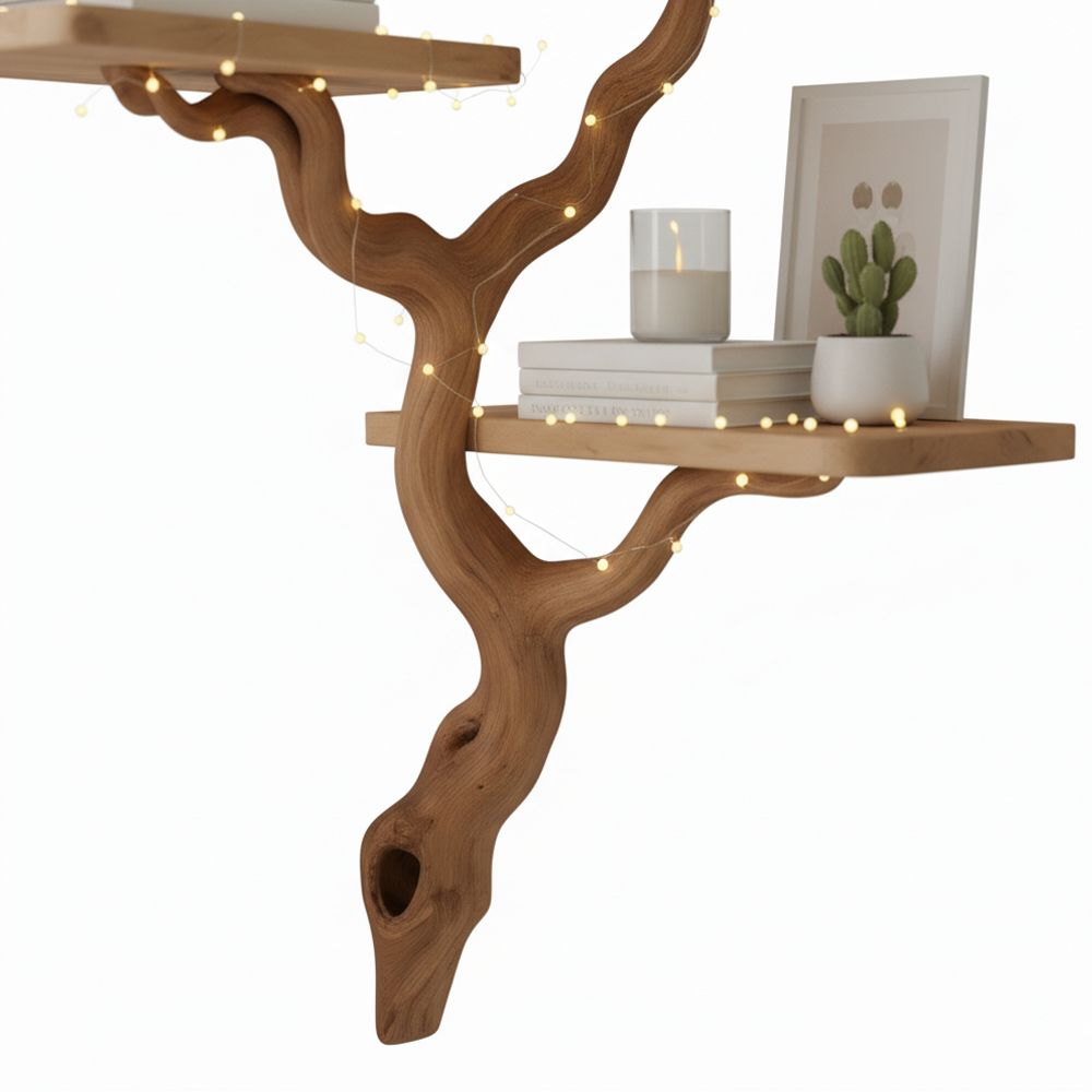 Corner Floating Shelf – Handmade Tree Branch Wall Bookshelf from Natural Wood