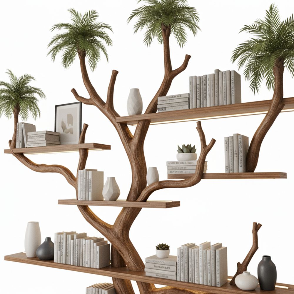 Handcrafted Tree Branch Bookshelf – Solid Wood Wall-Mounted Shelf Natural Living Room Decor