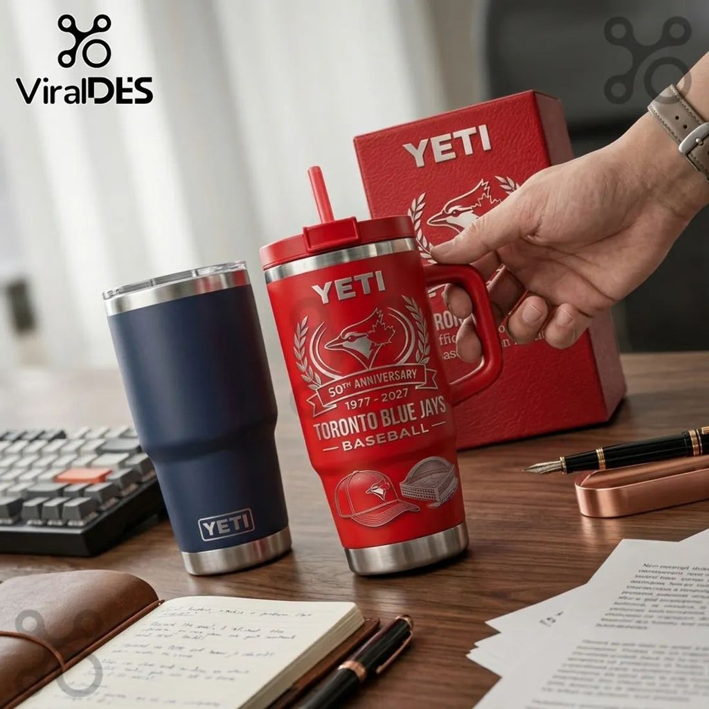 Toronto Blue Jays 50th Anniversary Engraved Red Yeti Handle Tumbler