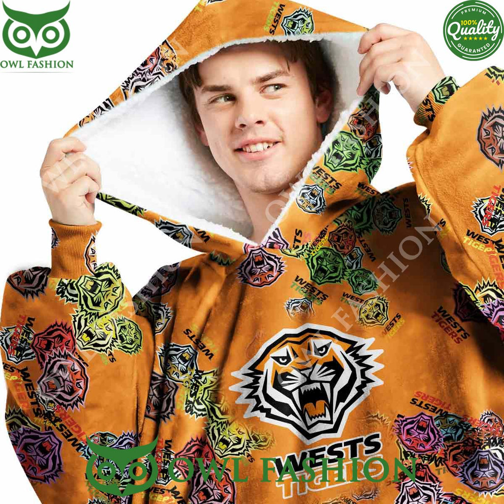 Wests Tigers Logos pattern NRL Custom Rugby League fleece blanket hooodie