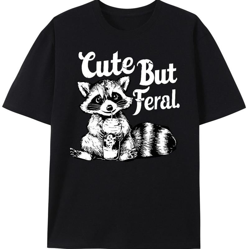 white_Cute But Feral Raccoon Meme Funny Graphic Streetwear Casual GA Crewneck Top Cotton Menswear T-Shirts, Hoodie,...