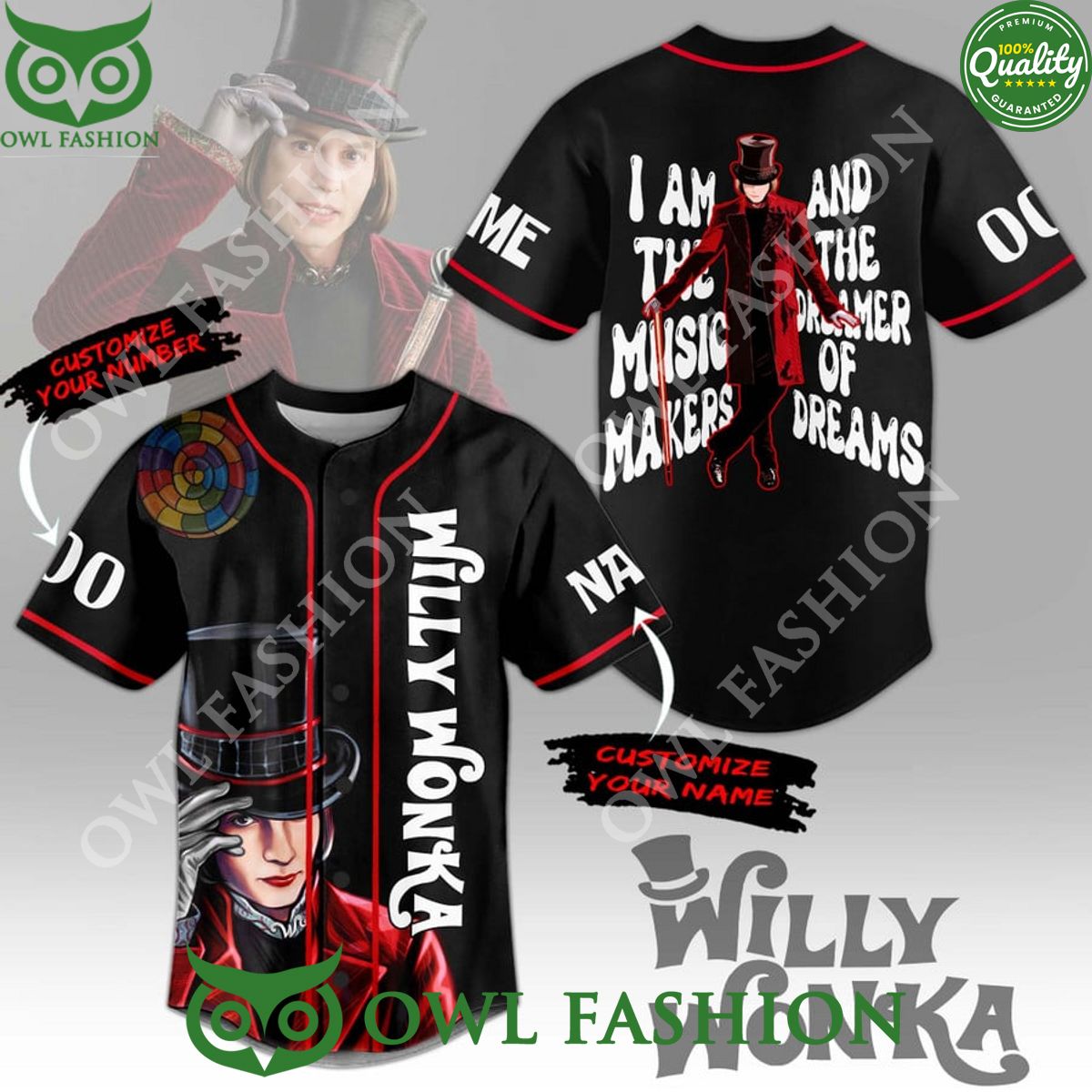 Willy Wonka Music Makers Dreamers of Dream Custom Name and Number Baseball Jersey shirt